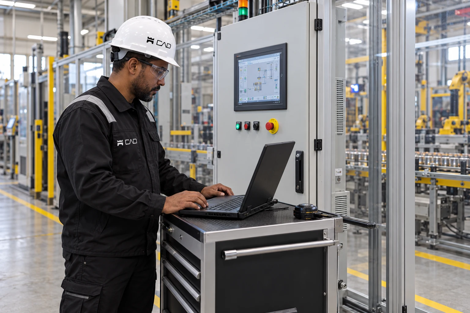 Engenheiro com uniforme CAD realizando comissionamento de automação industrial com notebook