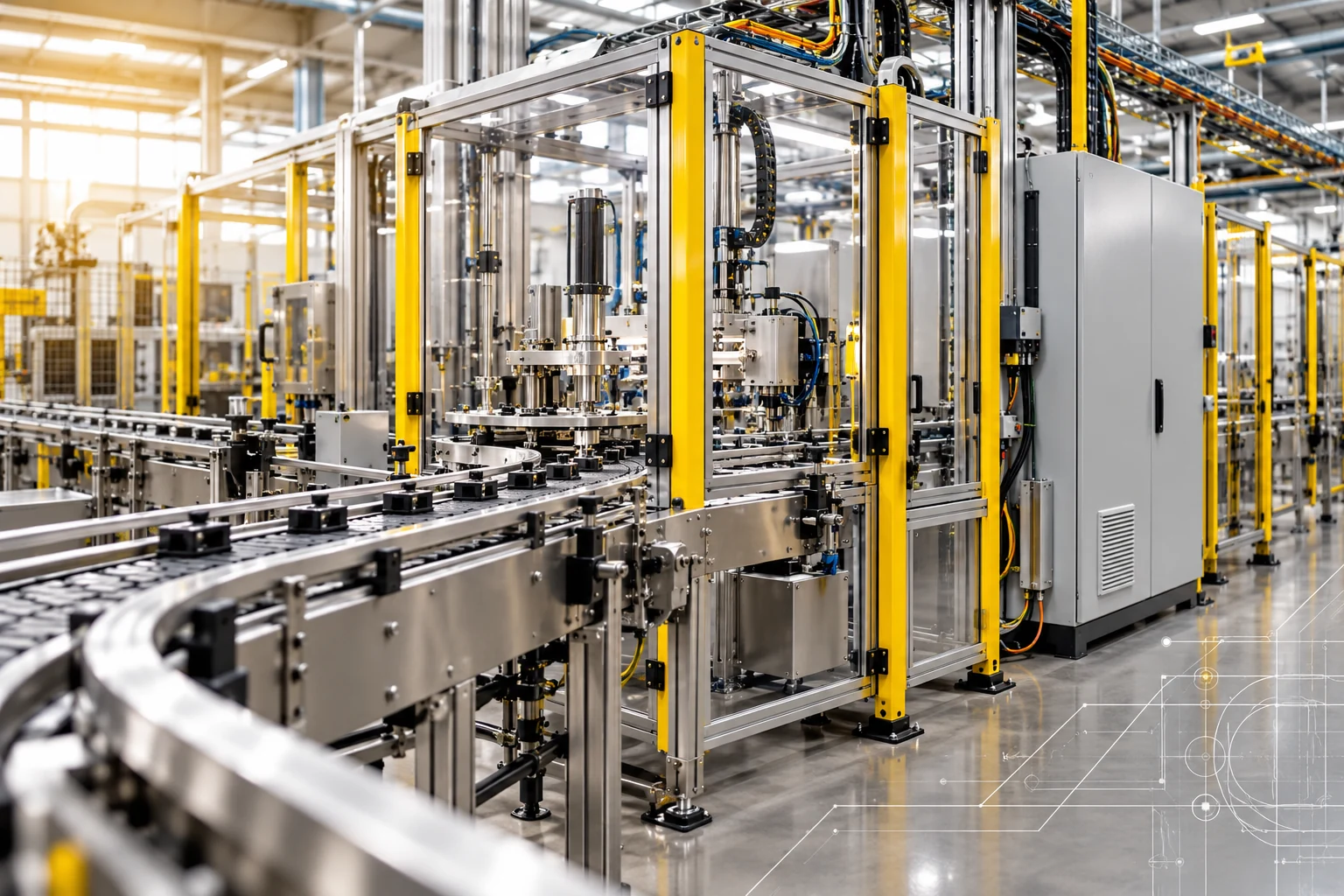 Linha de produção automatizada com esteiras, painéis e sistemas integrados de engenharia