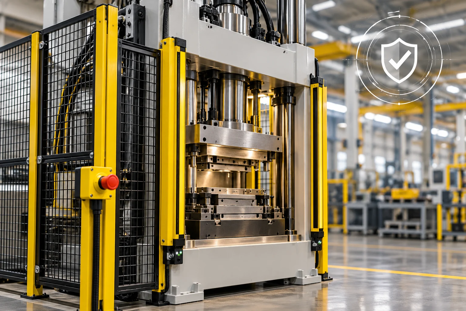 Máquina industrial com proteções, cortinas de luz e botão de parada de emergência