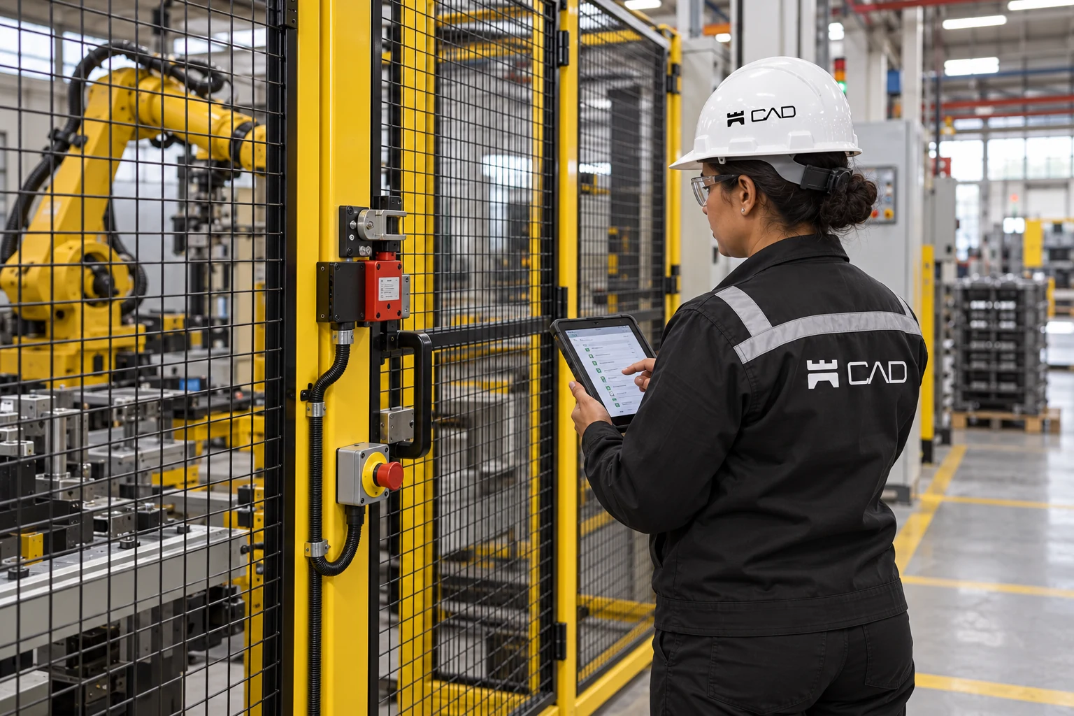 Engenheira com uniforme CAD avaliando dispositivos de segurança de uma célula industrial protegida